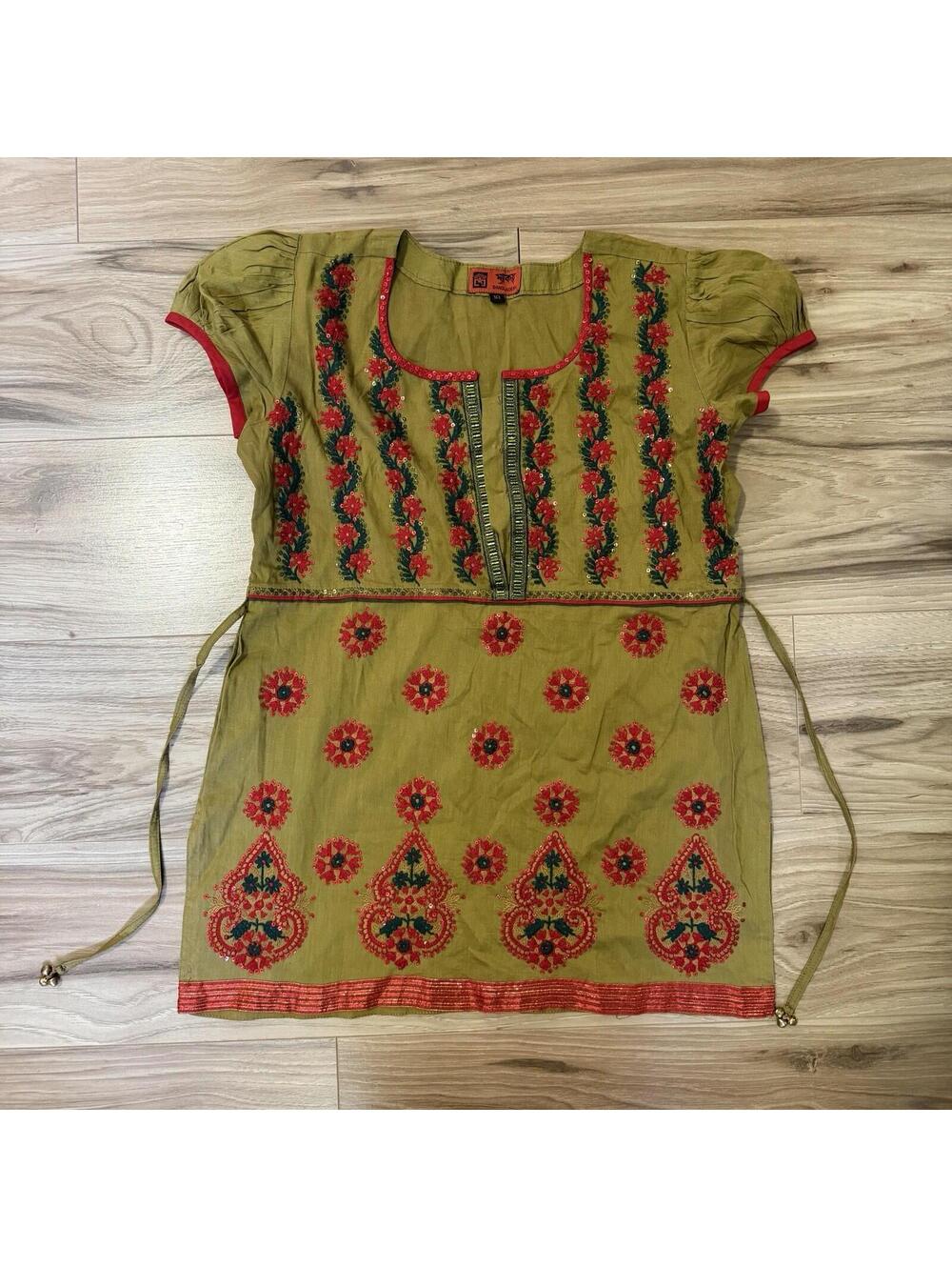 Myaky Bangladesh Floral Embroidered Boho Cottagecore Tunic Olive Green Sz 10